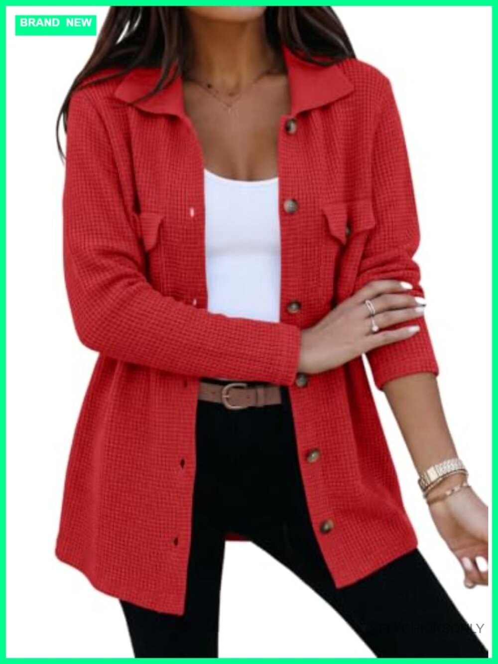 Waffle Knit Cardigan Shacket Button Down Loose Fit Sweater